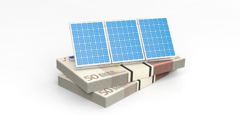 Solar panels on banknotes. 3d illustration