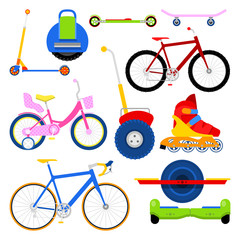 Wall Mural - Modern City Transportation Set with Bikes, Roller Skates, Segway and Onewheel. Vector illustration