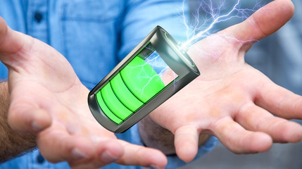 Poster - Man holding 3D render battery with lightning in his hand