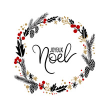 Feliz Navidad Hand Lettering Greeting Card. Vector Illustration. Modern Calligraphy. Christmas Wreath