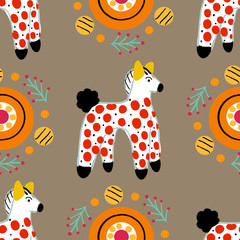 Wall Mural - Seamless pattern with horse in Russian Dymkovo style. Vector illustration.