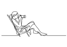 Continuous Line Drawing Of Woman Siiting On A Beach Photographin