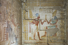 Bas Relief Of Pharaoh Seti I Making An Offering To The Seated God Horus On Right, Temple Of Seti I, Abydos, Egypt