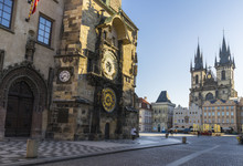 Astronomical Clock And Old Town Hall With The Church Of Our Lady Before Tyn Beyond, Old Town Square, Prague, Czech Republic