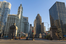 DuSable Bridge Looking Up North Michigan Avenue, The Wrigley Building Left Centre And Tribune Tower Right Centre, Chicago, Illinois