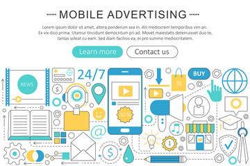 Aufkleber - Vector modern line flat Mobile advertising marketing sales concept. Mobile advertising marketing technology icons Website Header, app design poster banner.