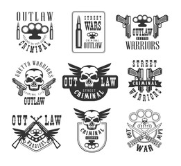 Sticker - Criminal Outlaw Street Club Black And White Sign Design Templates With Text And Weapon Silhouettes