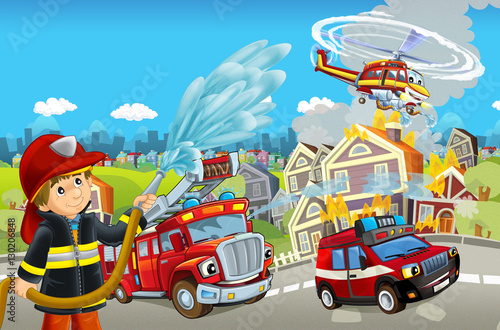 Cuadros en Lienzo Cartoon stage with different machines for firefighting - trucks helicopter and f