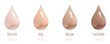 Realistic makeup cream drops in different shades, vector illustration. BB cream swatches concept, more info button.