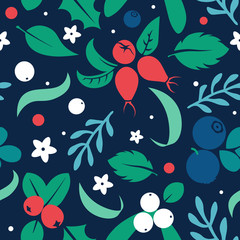 Wall Mural - Vector flat flowers and berries, seamless creative pattern.