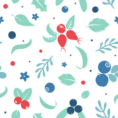 Wall Mural - Vector flat flowers and berries, seamless creative pattern.