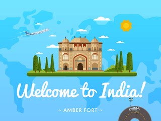 Wall Mural - Welcome to India poster with famous attraction vector illustration. Travel design with Amber fort in Jaipur. Worldwide air traveling, time to travel, discover historical architecture concept