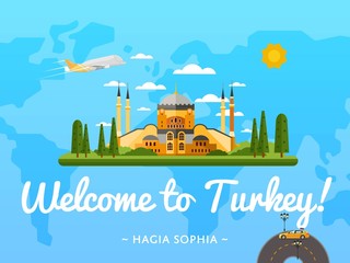 Sticker - Welcome to Turkey poster with famous attraction vector illustration. Travel design with Saint Sophie Cathedral in Istanbul. Worldwide air traveling, time to travel, discover new places, explore world