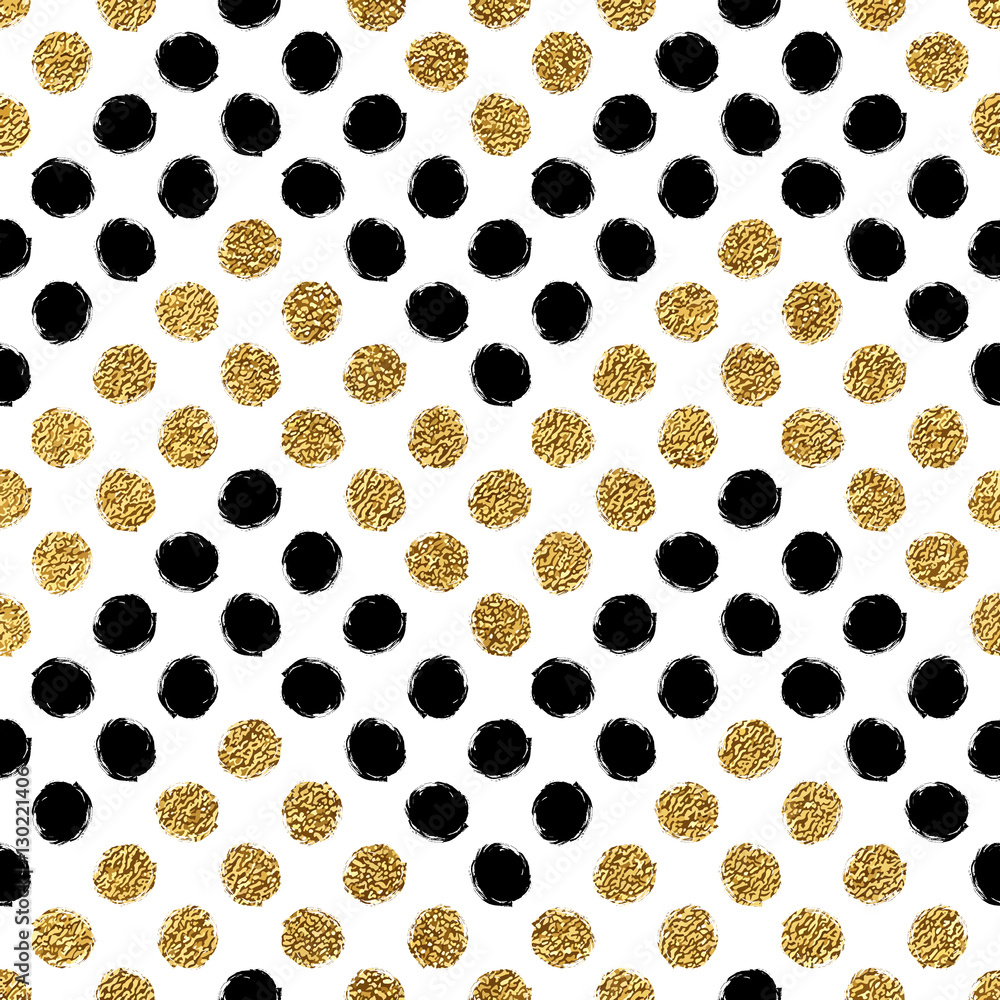 Seamless pattern of gold glitter and black chevron of circle, hand ...