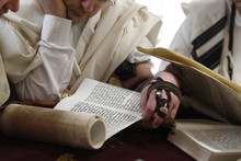 Reading The Book Of Esther During Purim Celebration In A Synagogue, Montrouge, Hauts-de-Seine, France