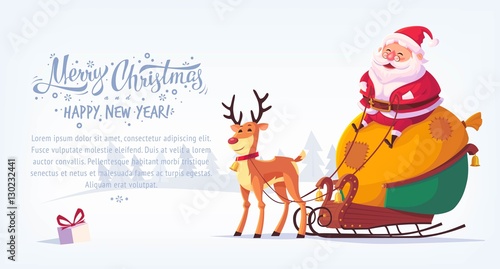 Cute Cartoon Santa Claus Sitting In Sleigh With Reindeer