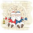 © imagination13 - Two cheerful Santa Claus / Christmas Vector illustration, postcard. Grandfathers fun celebrate the new year on the tower  with a clock