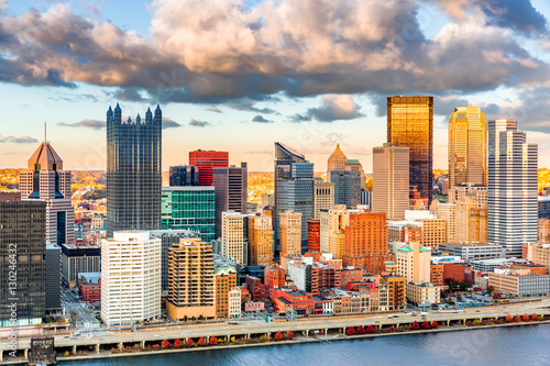 Pittsburgh downtown under a warm sunset light, viewed from Grandview Overlook...