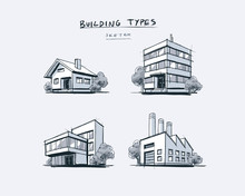 Set Of Four Buildings Types Hand Drawn Cartoon Illustration
