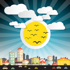 Sticker - Abstract Vector City with Big Sun and Cars Street