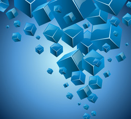 Wall Mural - Abstract blue 3D vector card with cubes flow graphic.