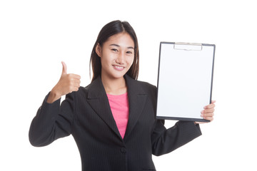 Asian business woman show thumbs up and blank clipboard..