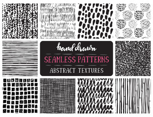 Set of ten hand drawn ink seamless patterns.