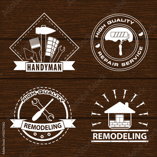 set of house renovation labels and home remodeling logos handyman logo on wooden background
