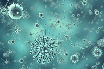 Wall Mural - 3d rendering viruses in infected organism, viral disease epidemic, virus abstract background