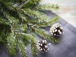 Wall Mural - Christmas tree and cones on the cotton cloth background.