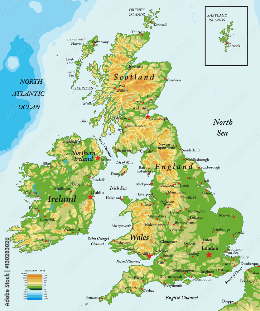 Obraz premium Wielka Brytania i Irlandia-fizyczna mapa #130283026 - Mapy  świata - Obraz premium