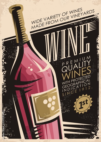 Obraz w ramie Wine retro poster design with red wine bottle on old paper background