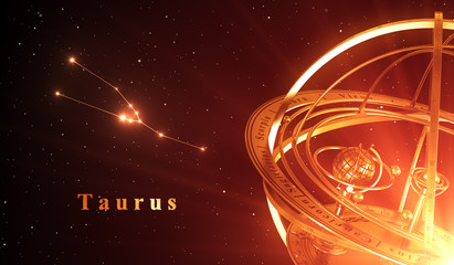 Wall Mural - zodiac constellation taurus and armillary sphere over red background