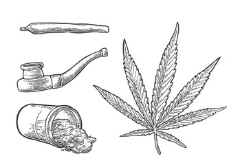 Wall Mural - Marijuana leaf, bottle, cigarettes and pipe for smoking.