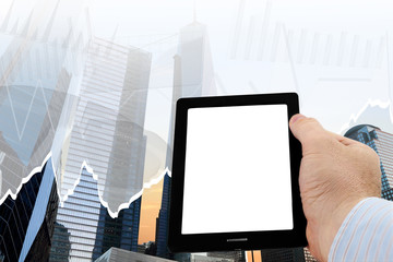 Poster - Close up of man using smartphone on urban background 
