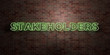 STAKEHOLDERS - fluorescent Neon tube Sign on brickwork - Front view - 3D rendered royalty free stock picture. Can be used for online banner ads and direct mailers..