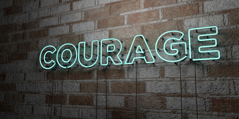 courage - glowing neon sign on stonework wall - 3d rendered royalty free stock illustration. can be 