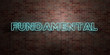FUNDAMENTAL - fluorescent Neon tube Sign on brickwork - Front view - 3D rendered royalty free stock picture. Can be used for online banner ads and direct mailers..