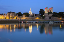 Rochester Castle And Cathedral On The River Medway At Night, Rochester, Kent