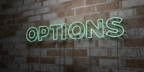 Wall Mural - options - glowing neon sign on stonework wall - 3d rendered royalty free stock illustration. can be 