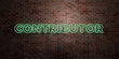CONTRIBUTOR - fluorescent Neon tube Sign on brickwork - Front view - 3D rendered royalty free stock picture. Can be used for online banner ads and direct mailers..