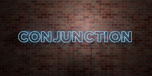 CONJUNCTION - Fluorescent Neon Tube Sign On Brickwork - Front View - 3D Rendered Royalty Free Stock Picture. Can Be Used For Online Banner Ads And Direct Mailers..