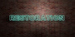 RESTORATION - fluorescent Neon tube Sign on brickwork - Front view - 3D rendered royalty free stock picture. Can be used for online banner ads and direct mailers..