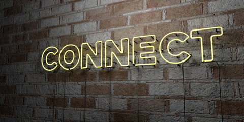 Wall Mural - connect - glowing neon sign on stonework wall - 3d rendered royalty free stock illustration. can be 