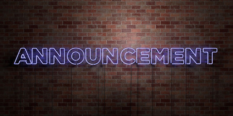 announcement - fluorescent neon tube sign on brickwork - front view - 3d rendered royalty free stock