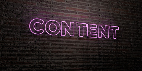 Wall Mural - CONTENT -Realistic Neon Sign on Brick Wall background - 3D rendered royalty free stock image. Can be used for online banner ads and direct mailers..