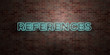 REFERENCES - fluorescent Neon tube Sign on brickwork - Front view - 3D rendered royalty free stock picture. Can be used for online banner ads and direct mailers..