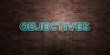 OBJECTIVES - fluorescent Neon tube Sign on brickwork - Front view - 3D rendered royalty free stock picture. Can be used for online banner ads and direct mailers..