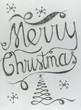 Merry Christmas hand drawn lettering with black chalk on white board. Elegant unique design with snowflakes and Christmas tree