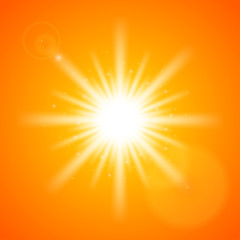 Wall Mural - star burst and lens flare in orange color background (vector)